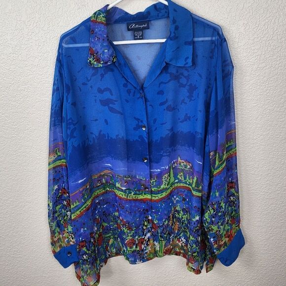 ARTSCAPES Blue Panorama Scenic Print Semi Sheer Top Size 1X (2239) - Picture 1 of 6